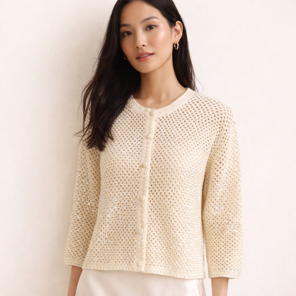 Vtg Mary Cullen Montreal Italian Wool Sequin Crochet Cardigan Ivory Iridescent L